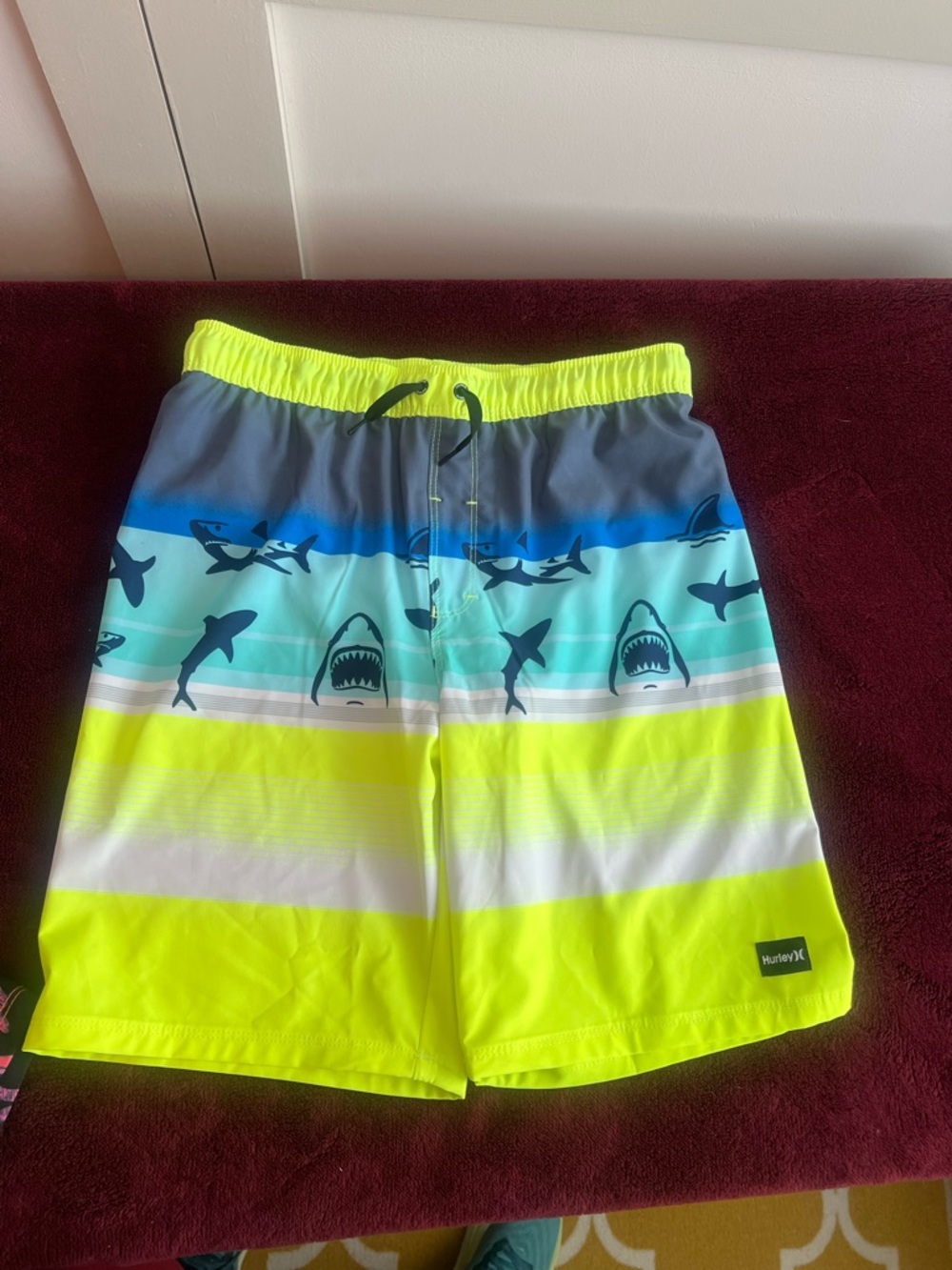 Hurley Boys Neon Yellow Blue Shark Stripe Swim Trunks